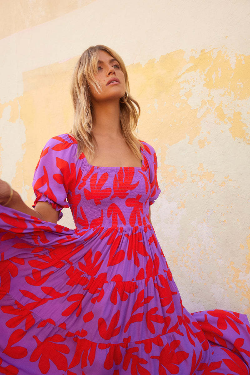 Fuchsia Floral Printed Puff Sleeves Smocked Fit And Flare Dress