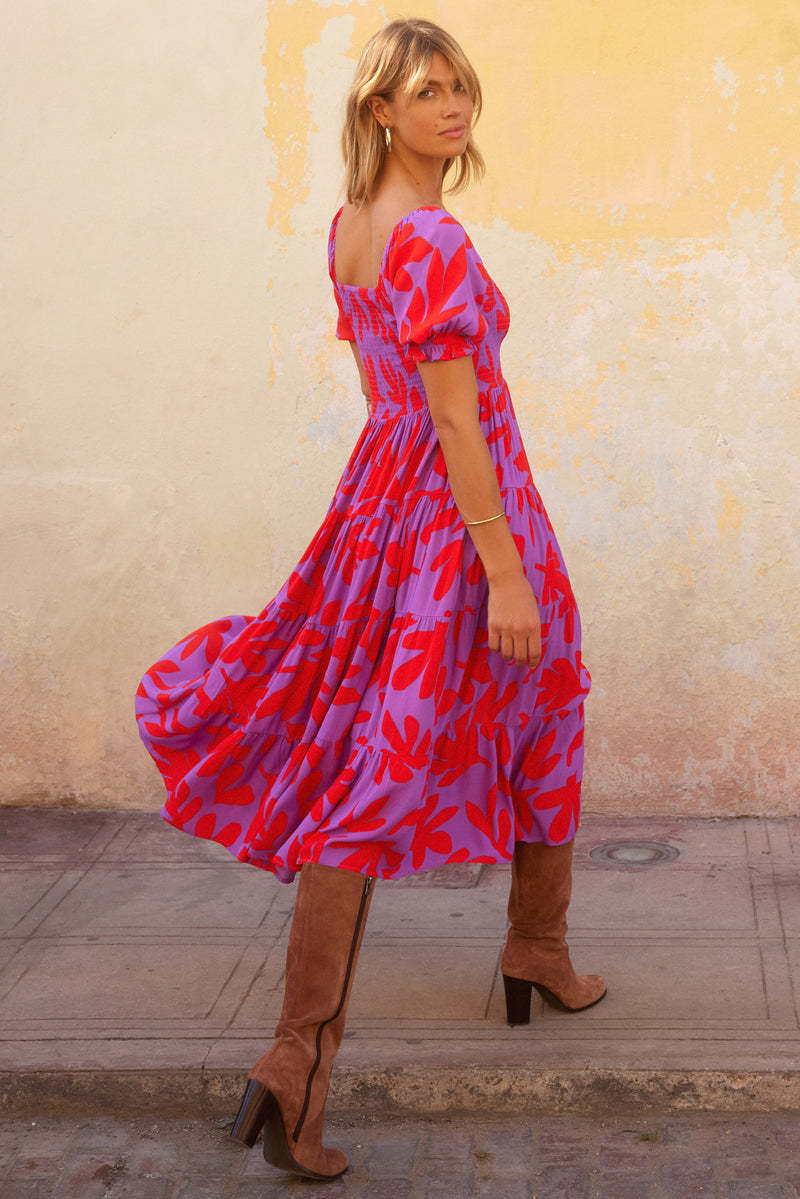 Fuchsia Floral Printed Puff Sleeves Smocked Fit And Flare Dress