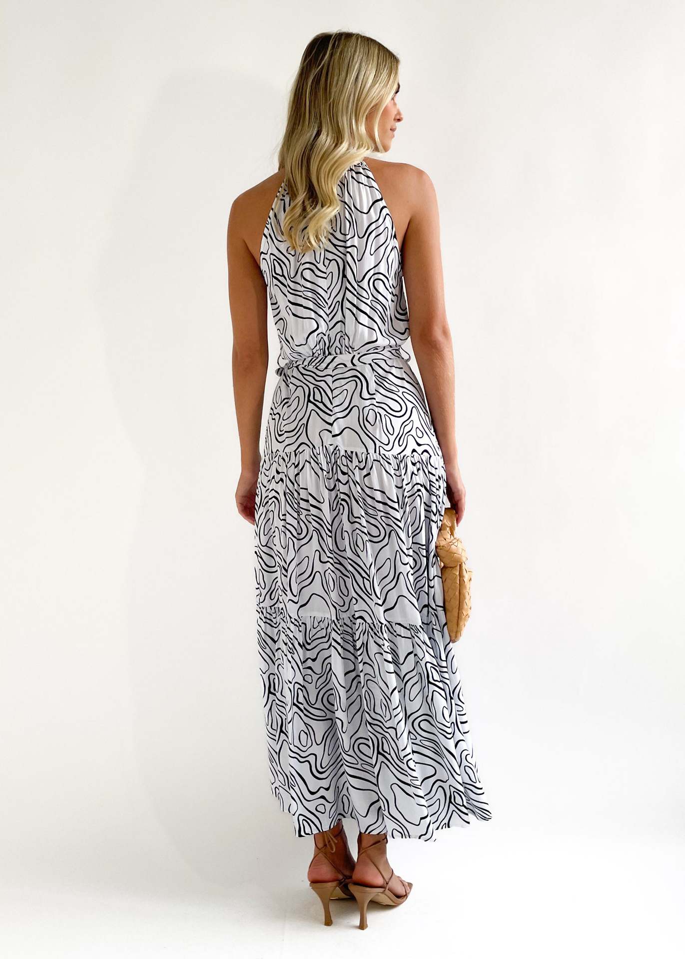 White & Black Abstract Printed Halter Neck Tiered Maxi Fit & Flare Dress
