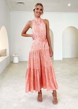 Pink Abstract Printed Halter Neck Gathered Tiered Maxi Dress