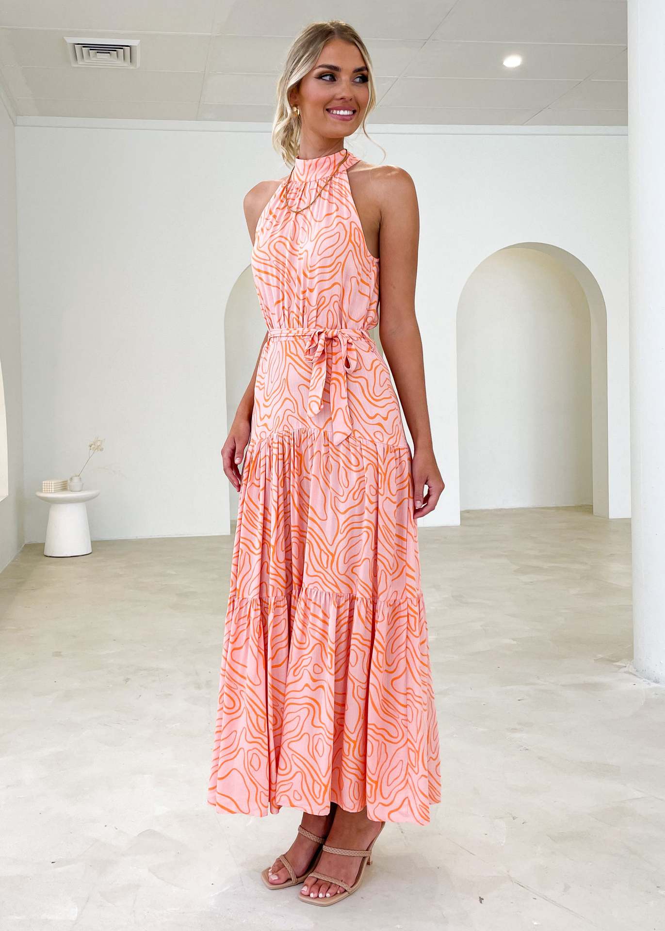 Pink Abstract Printed Halter Neck Gathered Tiered Maxi Dress