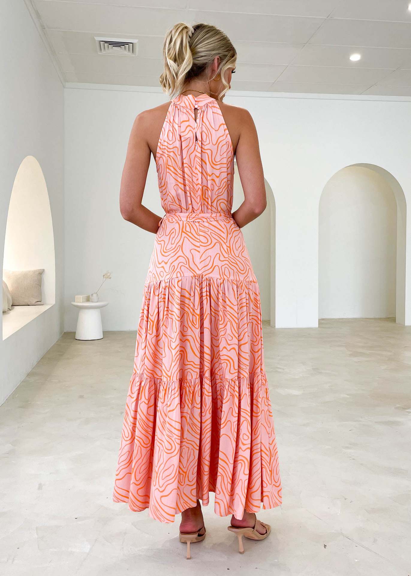 Pink Abstract Printed Halter Neck Gathered Tiered Maxi Dress