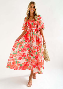 Red Floral Printed Puff Sleeves Smocked Fit & Flare Maxi Dress