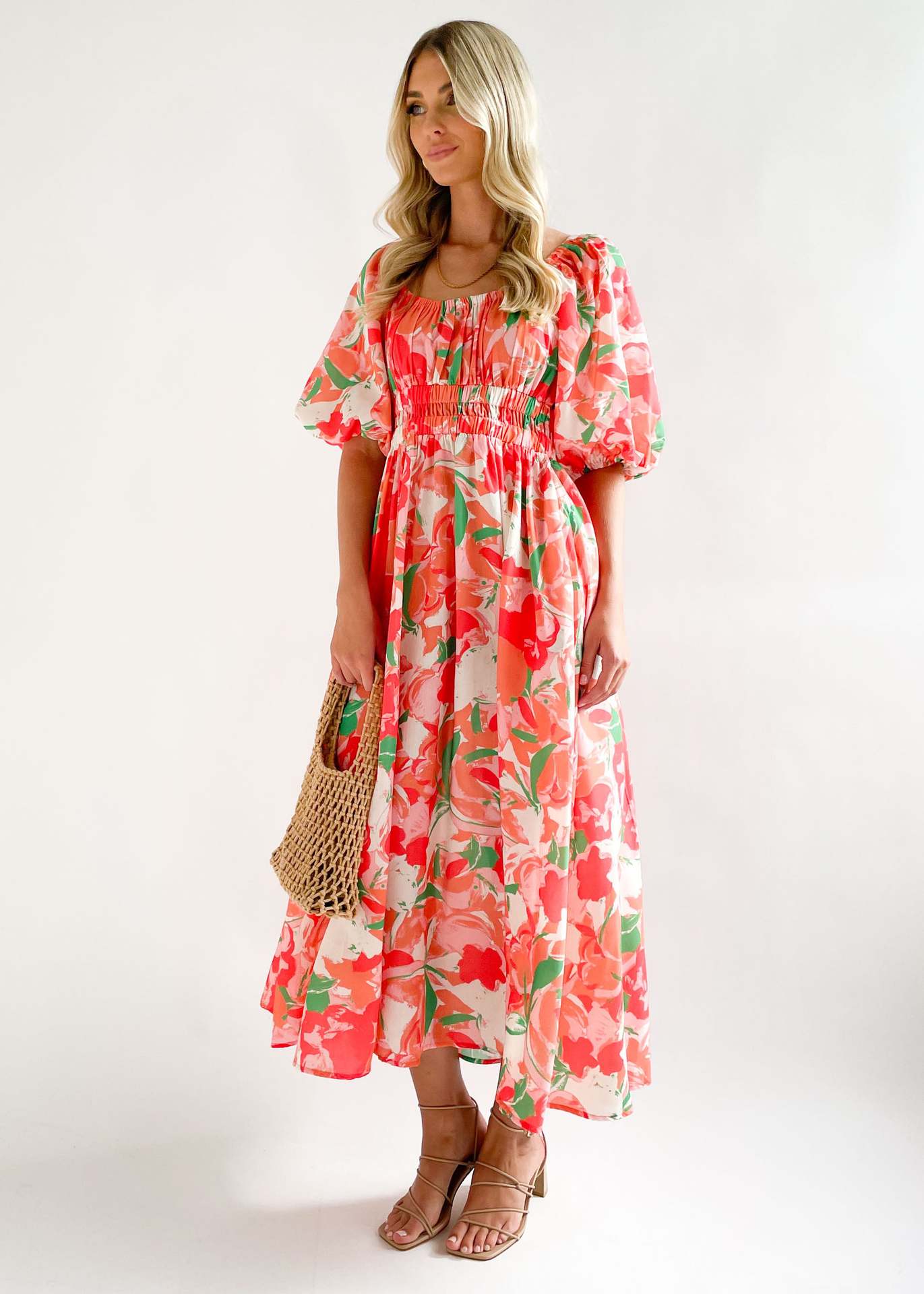 Red Floral Printed Puff Sleeves Smocked Fit & Flare Maxi Dress