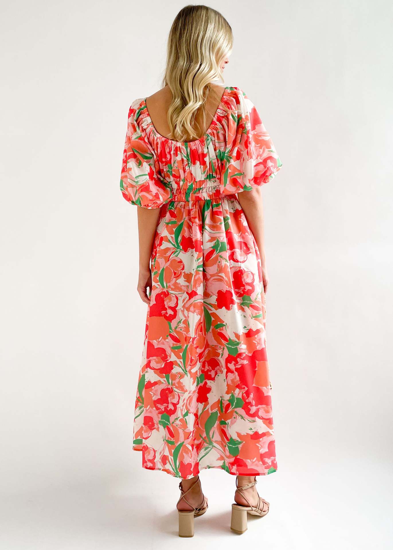 Red Floral Printed Puff Sleeves Smocked Fit & Flare Maxi Dress
