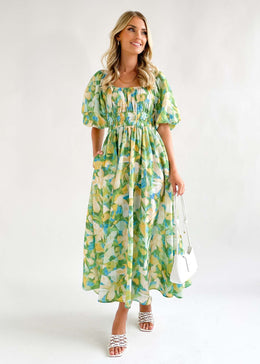 Green Floral Printed Puff Sleeves Gathered Detailed Maxi Dress
