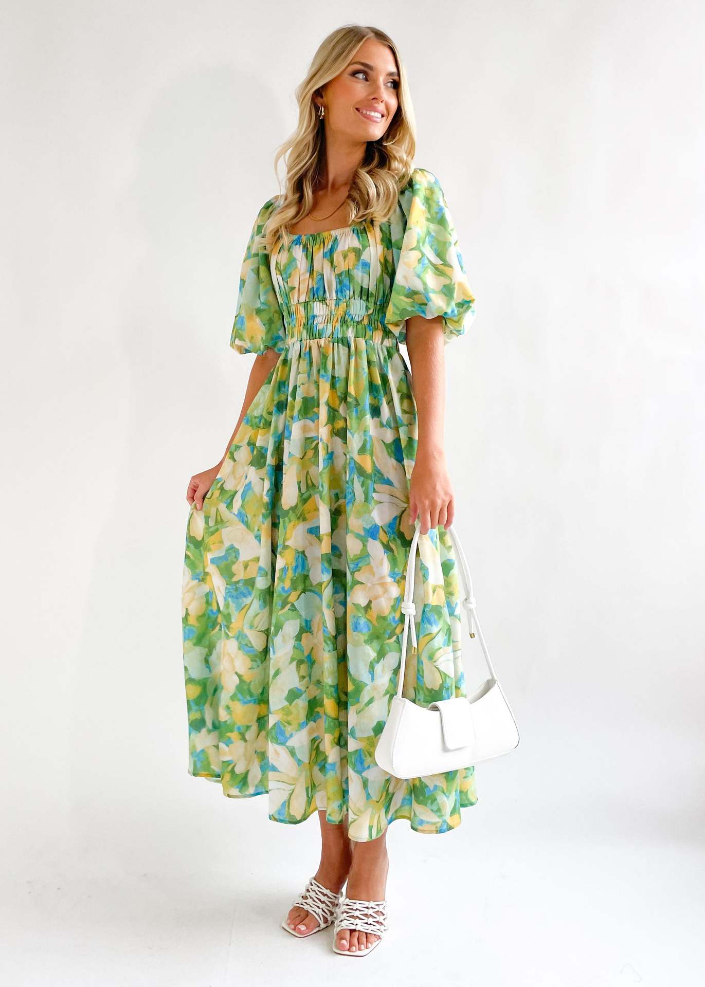 Green Floral Printed Puff Sleeves Gathered Detailed Maxi Dress