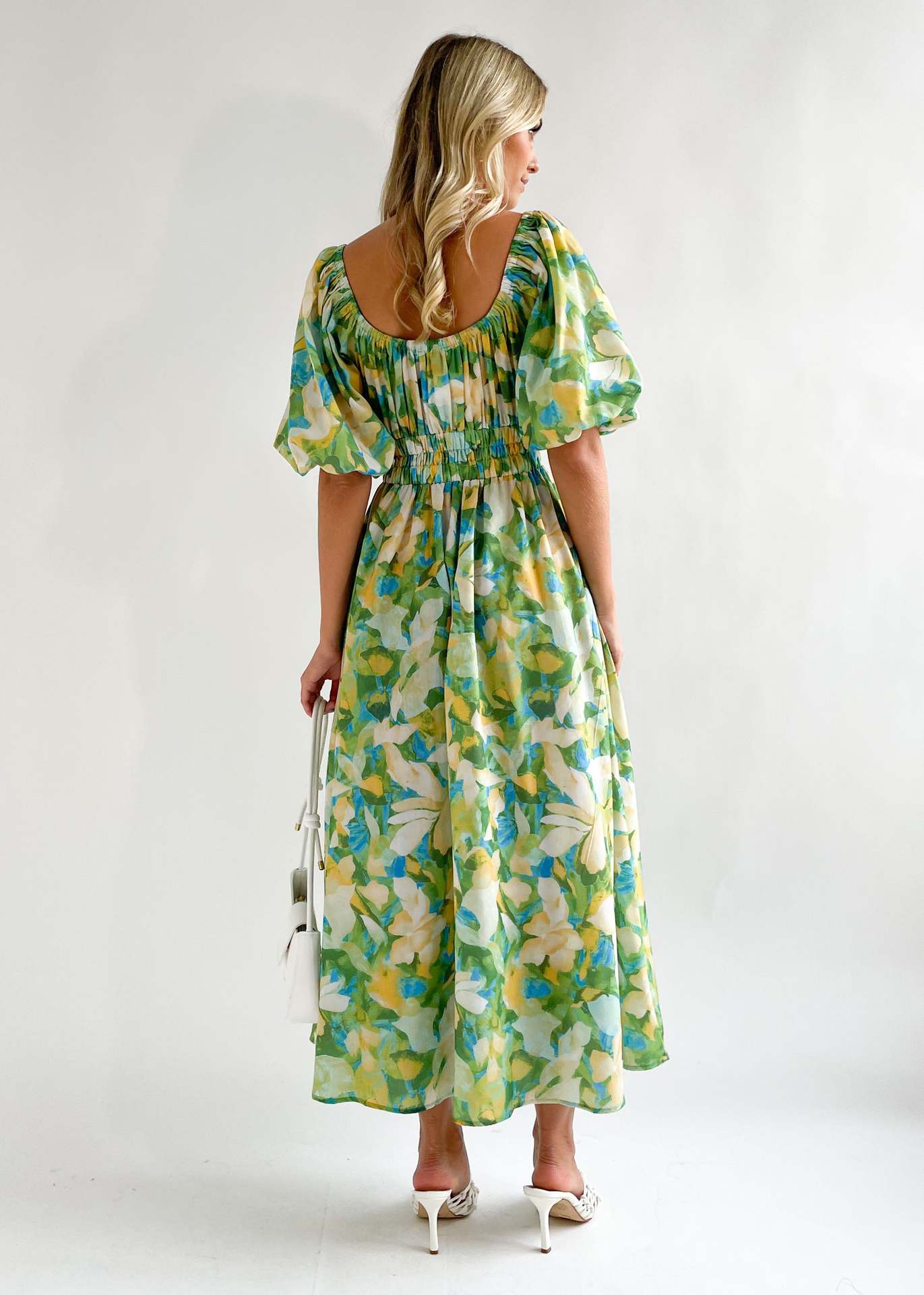 Green Floral Printed Puff Sleeves Gathered Detailed Maxi Dress