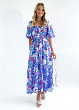 Blue Floral Printed Puff Sleeves Smocked Maxi Fit And Flare Dress