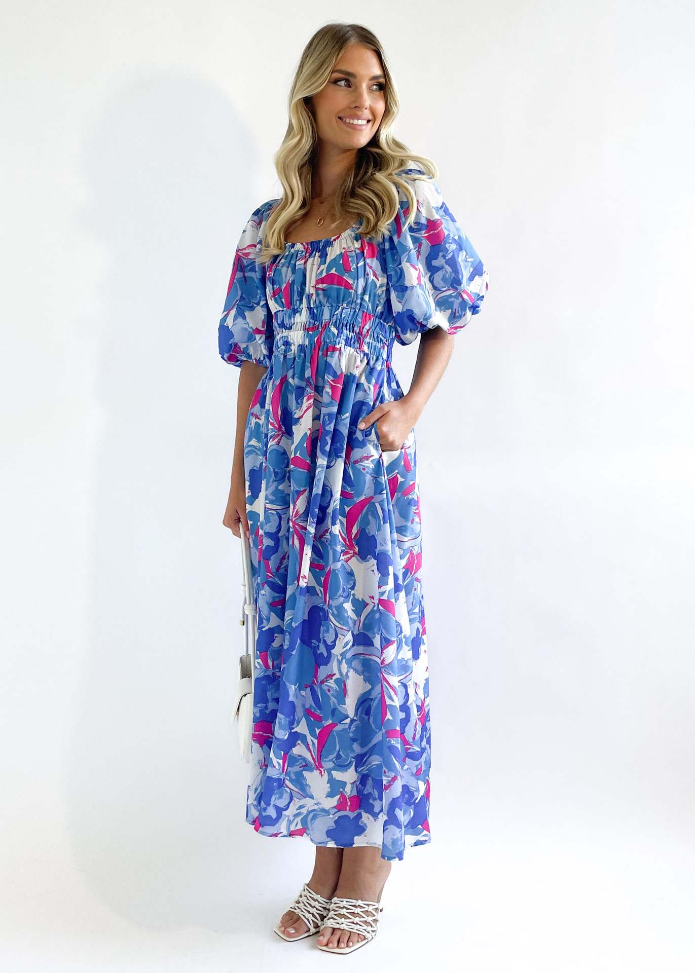 Blue Floral Printed Puff Sleeves Smocked Maxi Fit And Flare Dress