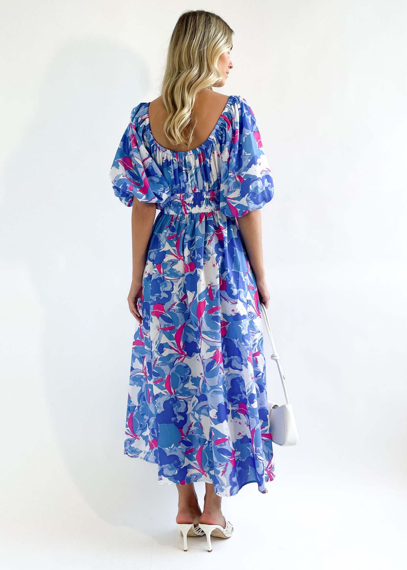 Blue Floral Printed Puff Sleeves Smocked Maxi Fit And Flare Dress