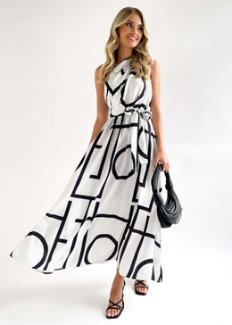 White & Black Geometric Printed One Shoulder Gathered Maxi Fit & Flare Dress