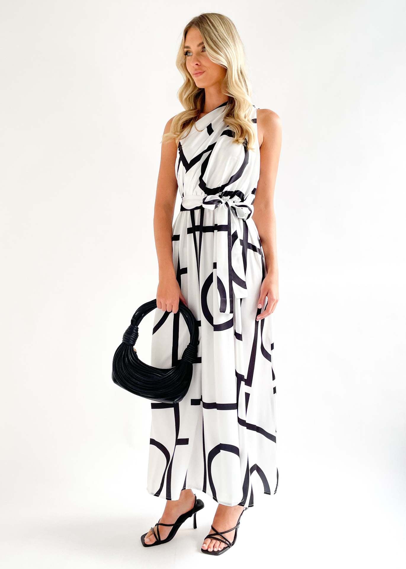 White & Black Geometric Printed One Shoulder Gathered Maxi Fit & Flare Dress