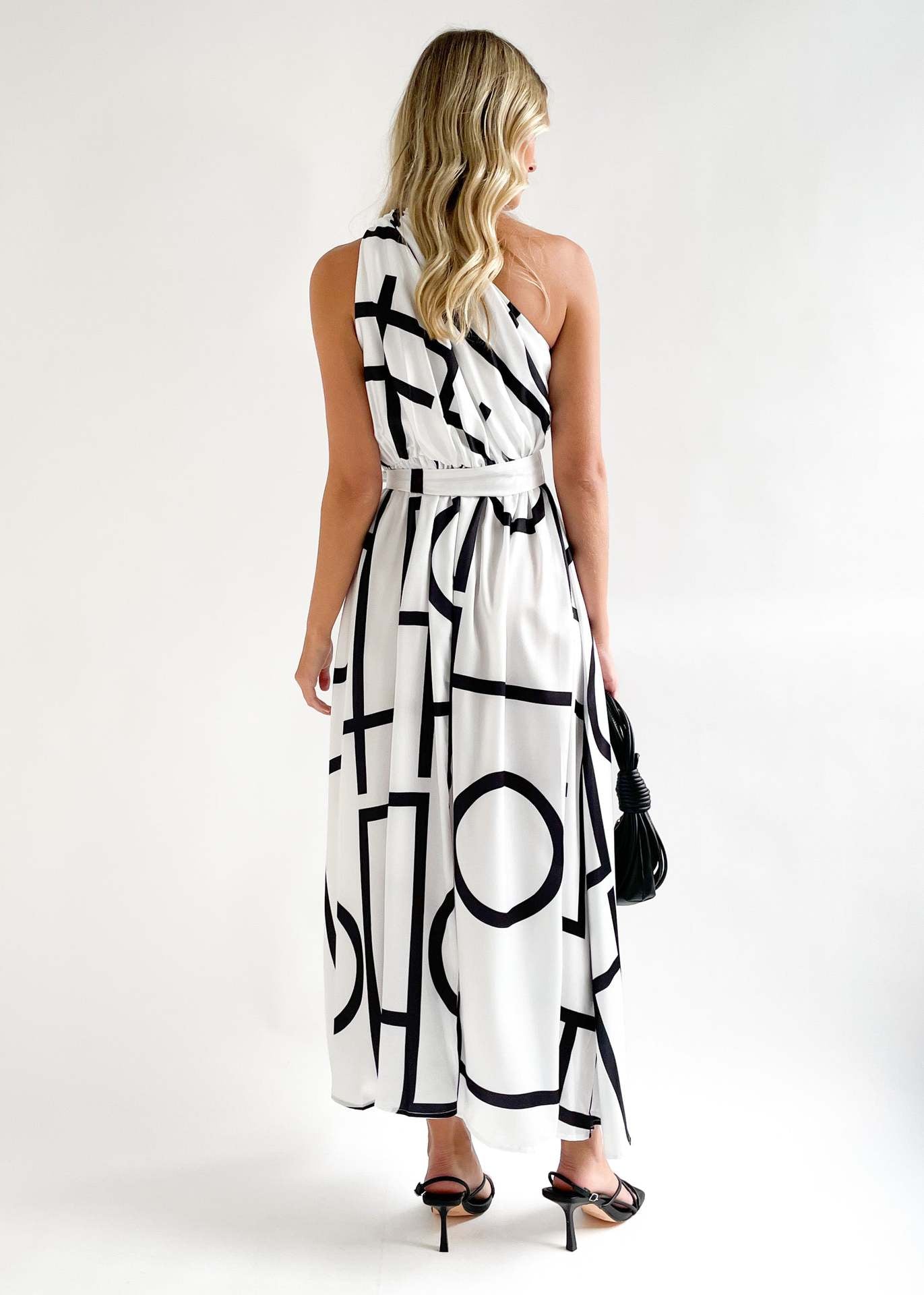 White & Black Geometric Printed One Shoulder Gathered Maxi Fit & Flare Dress