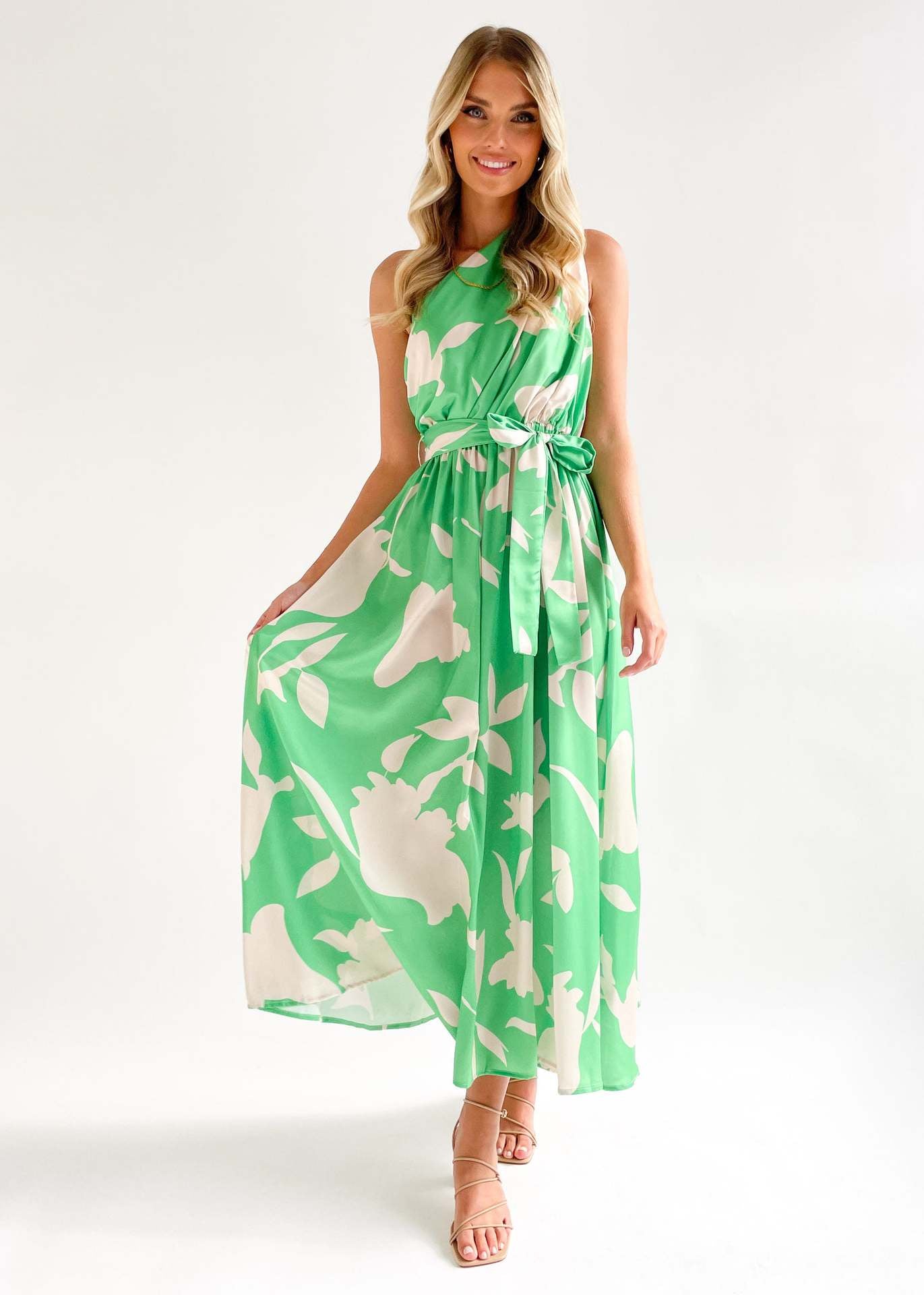 Green Floral Printed One Shoulder Maxi Dress