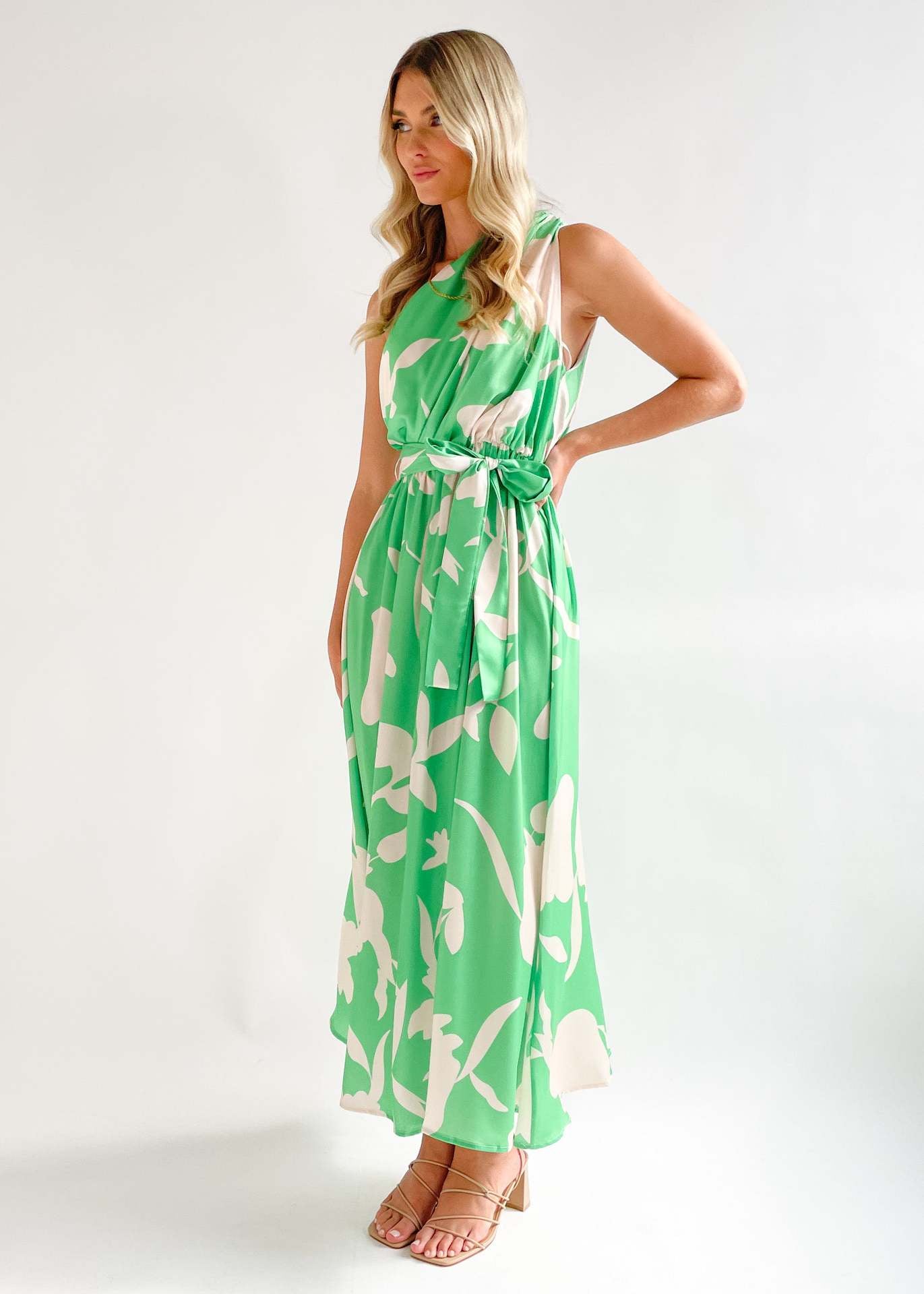 Green Floral Printed One Shoulder Maxi Dress