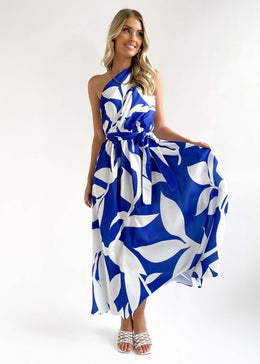 Blue Floral Printed One Shoulder Neck  Maxi Dress