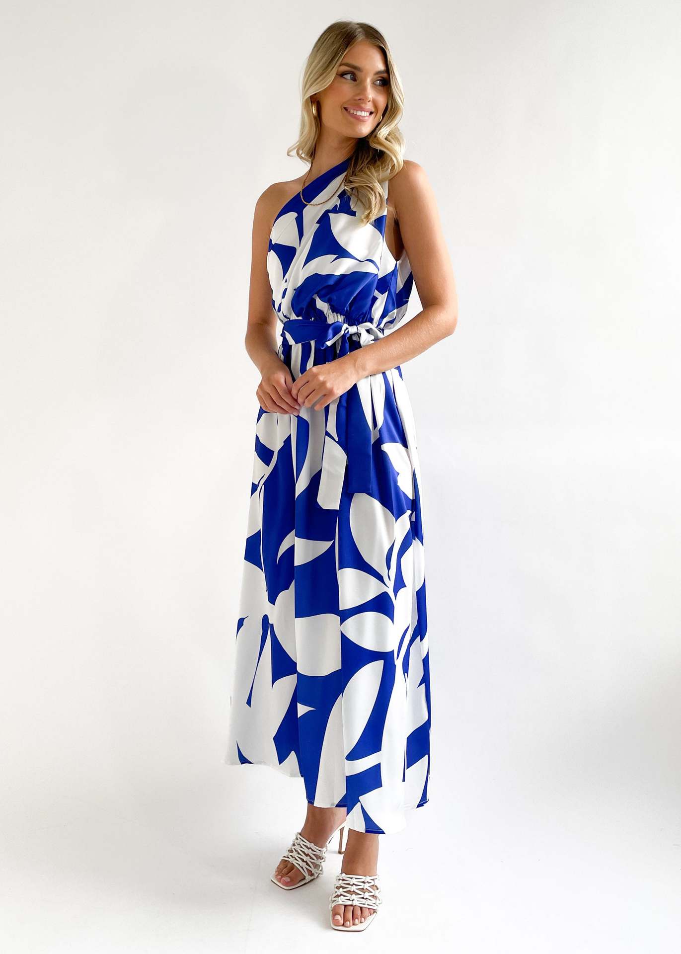 Blue Floral Printed One Shoulder Neck  Maxi Dress