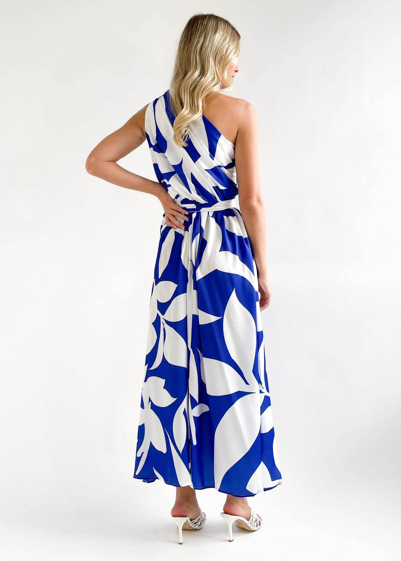 Blue Floral Printed One Shoulder Neck  Maxi Dress