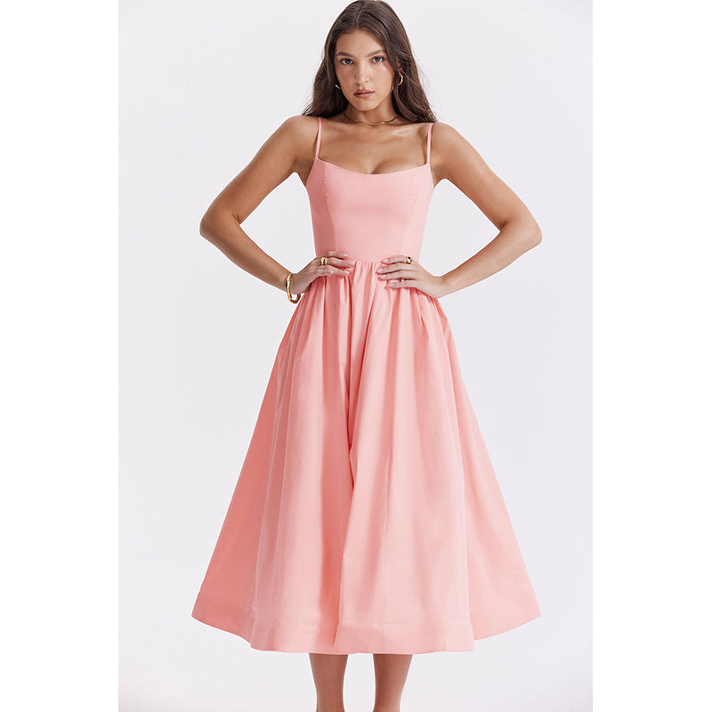 Pink Shoulder Strap Fit & Flare Midi Dress