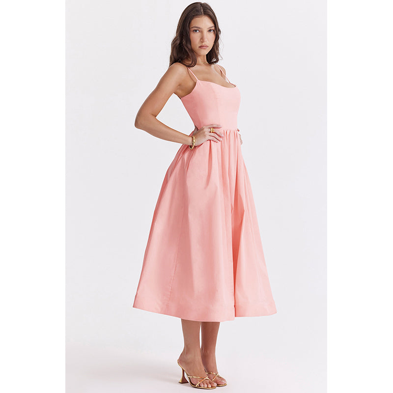 Pink Shoulder Strap Fit & Flare Midi Dress