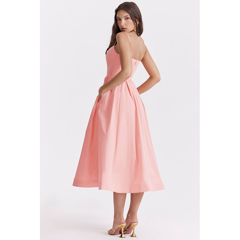 Pink Shoulder Strap Fit & Flare Midi Dress
