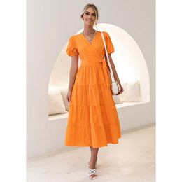 V-Neck Puff Sleeves Wrap Midi Dress