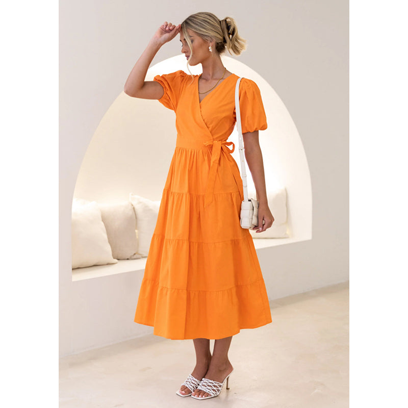 V-Neck Puff Sleeves Wrap Midi Dress