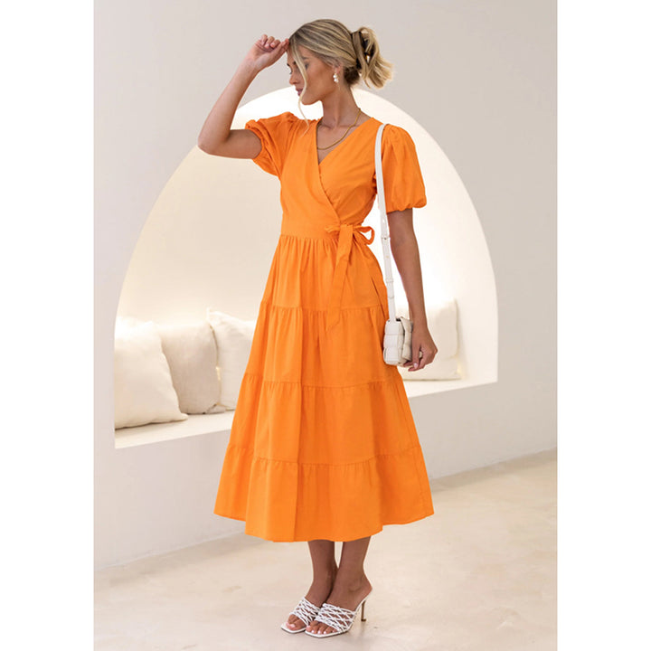 V-Neck Puff Sleeves Wrap Midi Dress