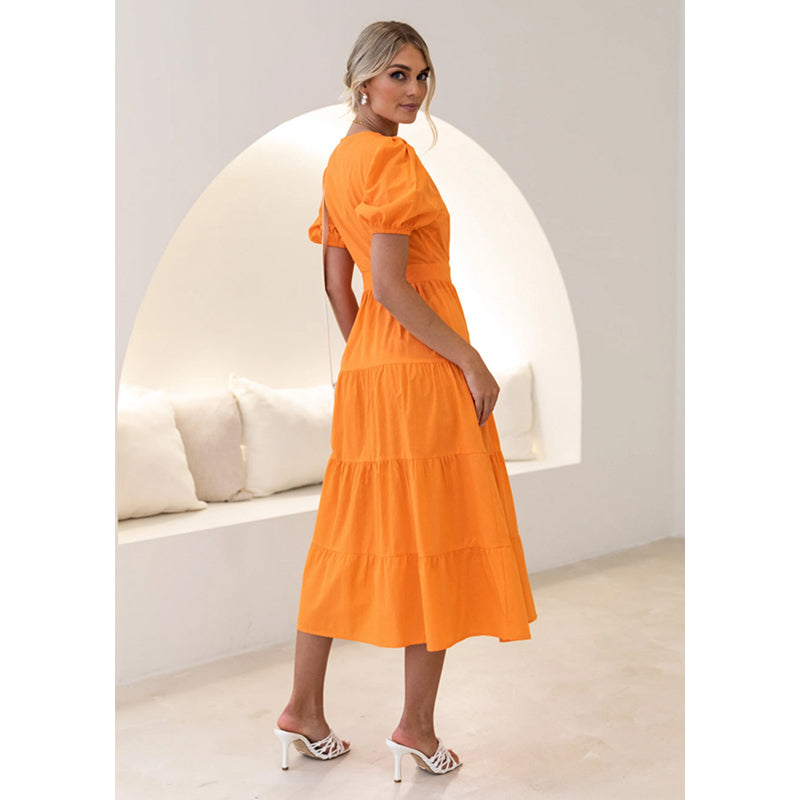 V-Neck Puff Sleeves Wrap Midi Dress
