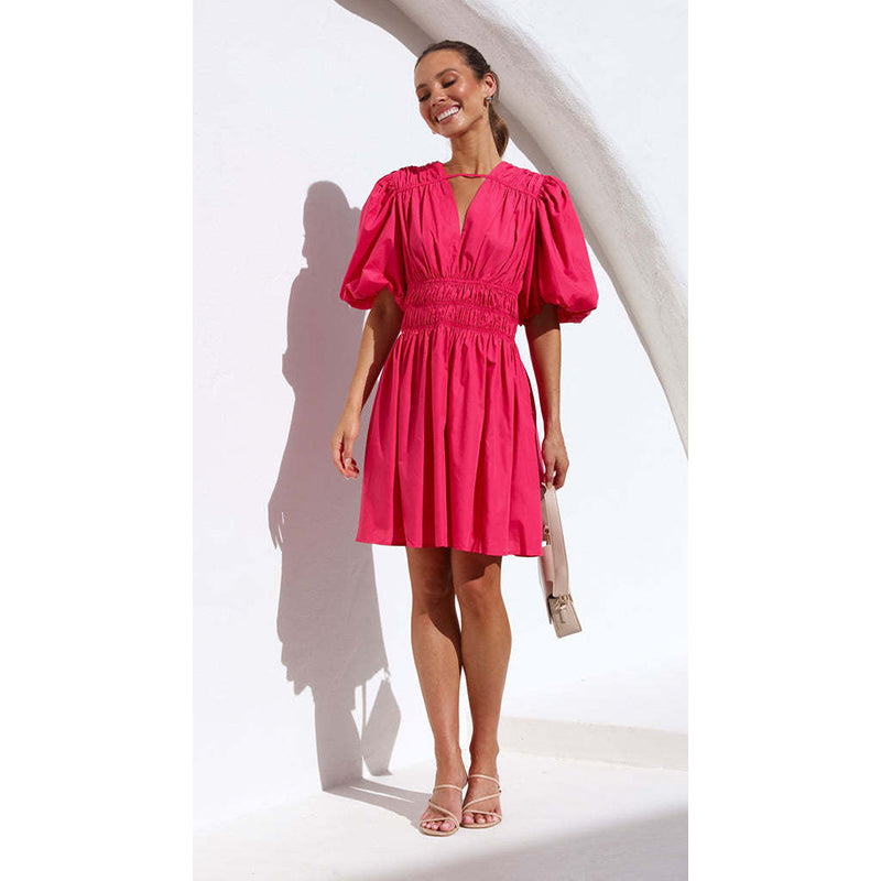 Red Smocked Detailed V-Neck Puff Sleeves Fit & Flare Dress