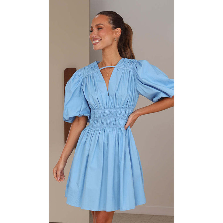 Blue Puff Sleeves V-Neck Smocked Fit & Flare Dress