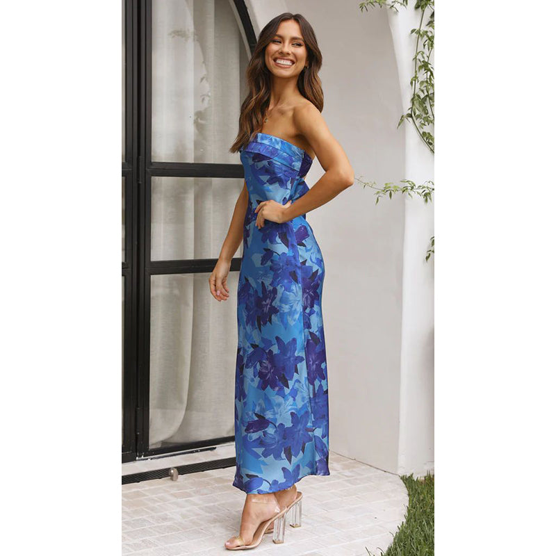 Blue Floral Printed Strapless Sheath Dress