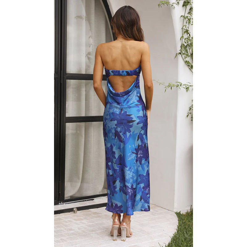 Blue Floral Printed Strapless Sheath Dress