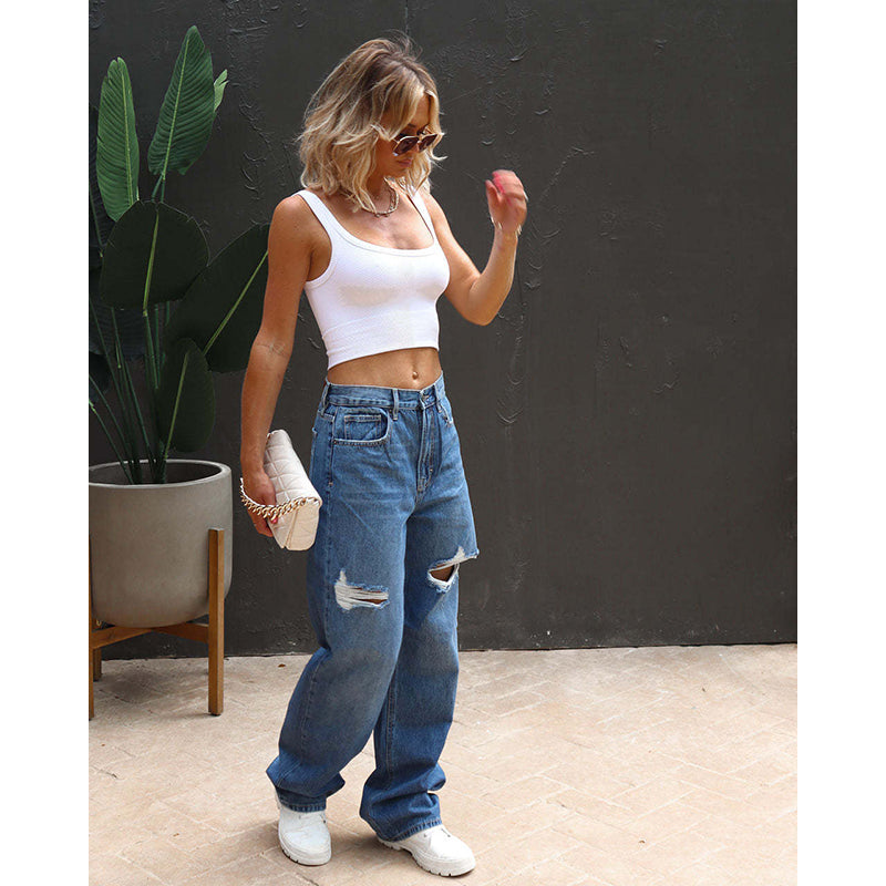 Women Dad Fit Mid Rise Low Distress Stretchable Jeans