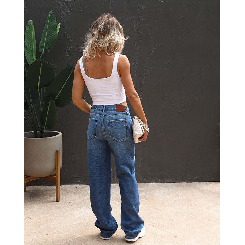 Women Dad Fit Mid Rise Low Distress Stretchable Jeans