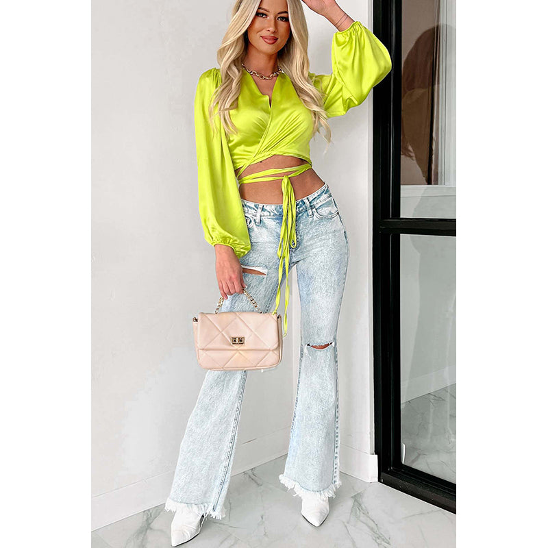 Women Blue Bootcut Heavy Fade Slash Knee Cotton Jeans