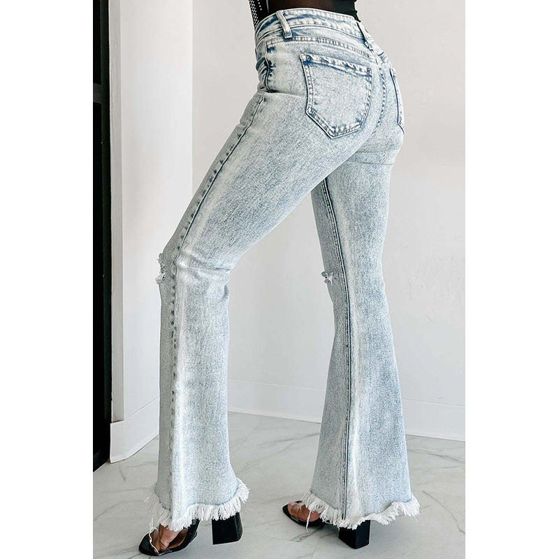 Women Blue Bootcut Heavy Fade Slash Knee Cotton Jeans