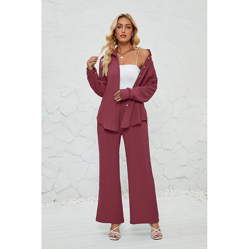 Mauve Shirt Collar Long Sleeve Shirt With Palazzos