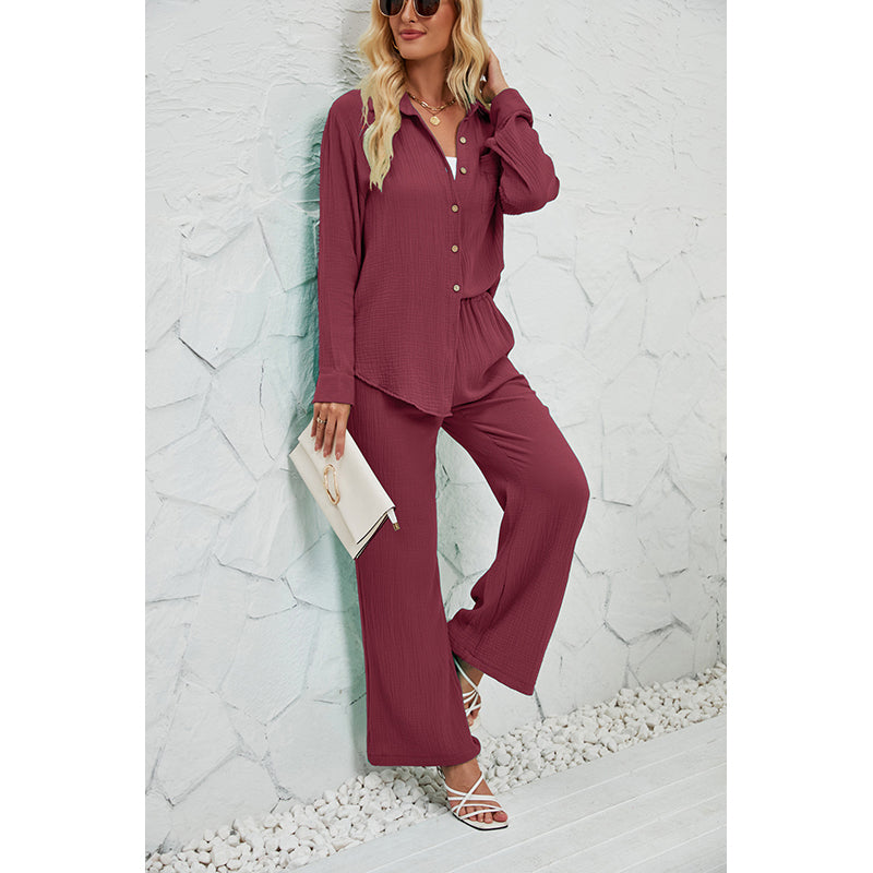 Mauve Shirt Collar Long Sleeve Shirt With Palazzos