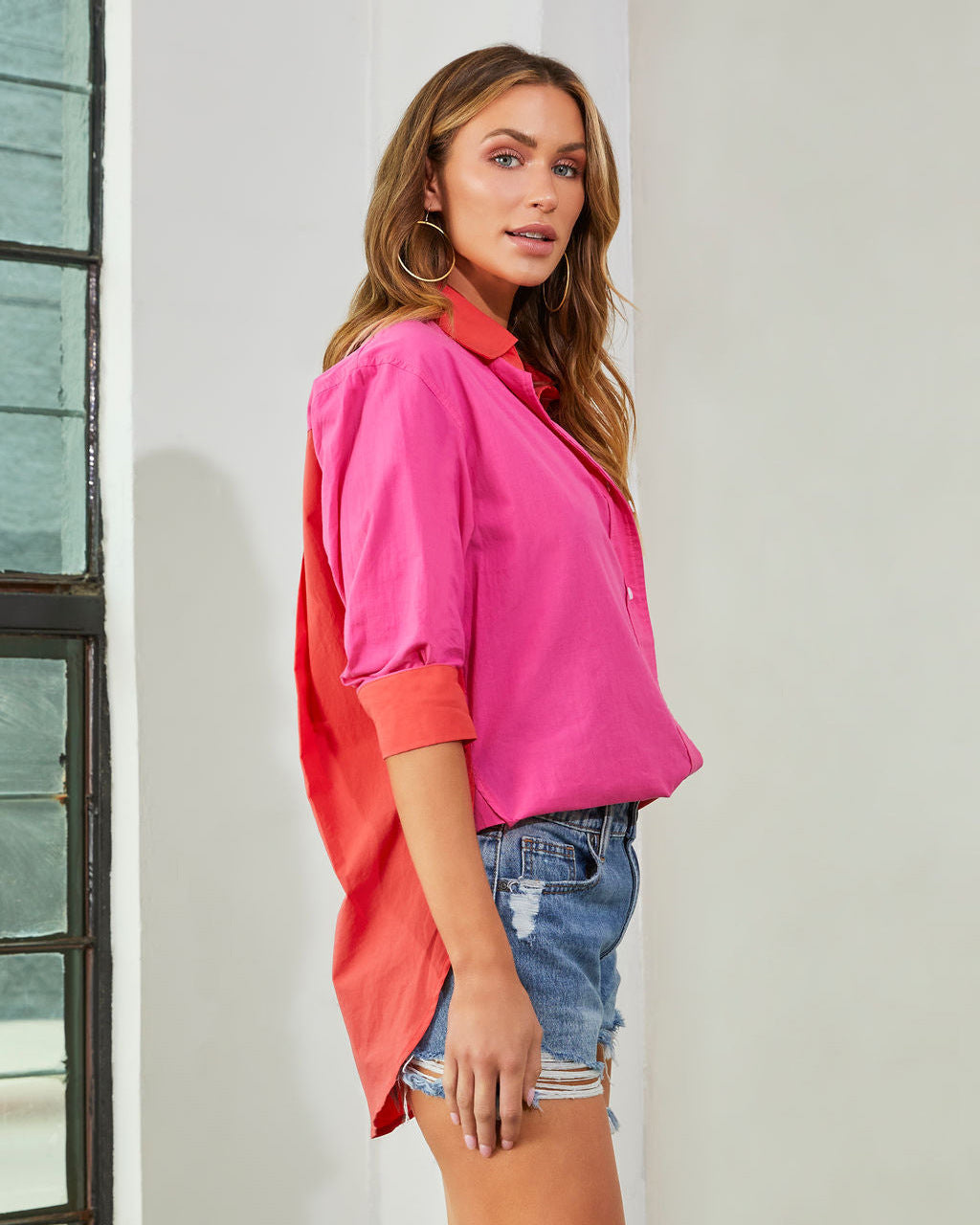 Pink & Red Colourblocked Spread Collar Casual Shirt