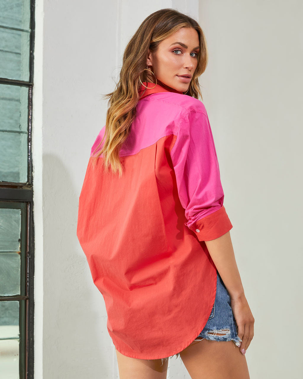 Pink & Red Colourblocked Spread Collar Casual Shirt