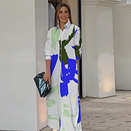 Blue Abstract Printed Shirt Collar Shirt Maxi Dress