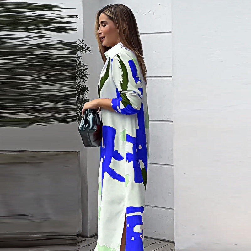 Blue Abstract Printed Shirt Collar Shirt Maxi Dress