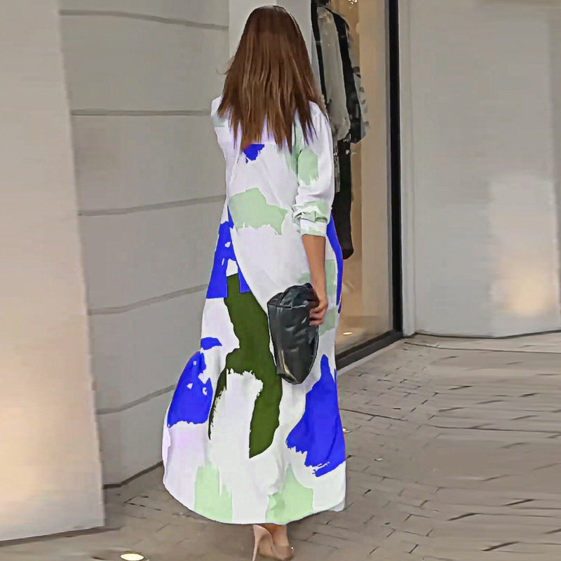 Blue Abstract Printed Shirt Collar Shirt Maxi Dress