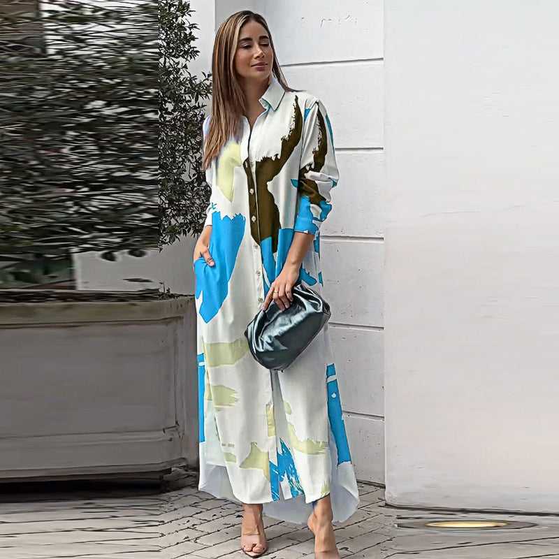 Blue Abstract Printed Shirt Collar Maxi Dress