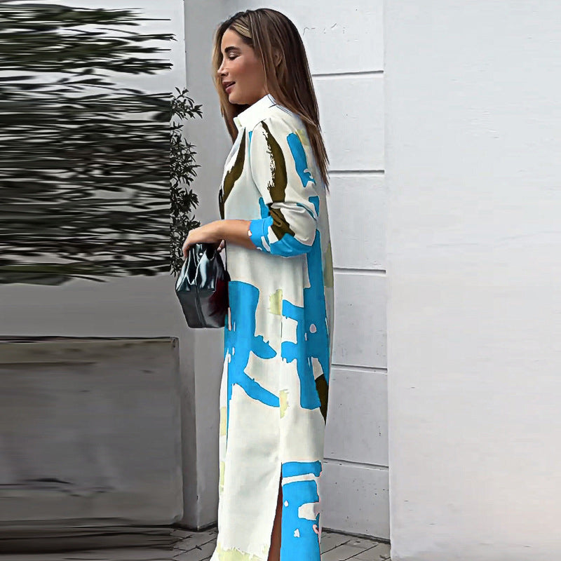 Blue Abstract Printed Shirt Collar Maxi Dress