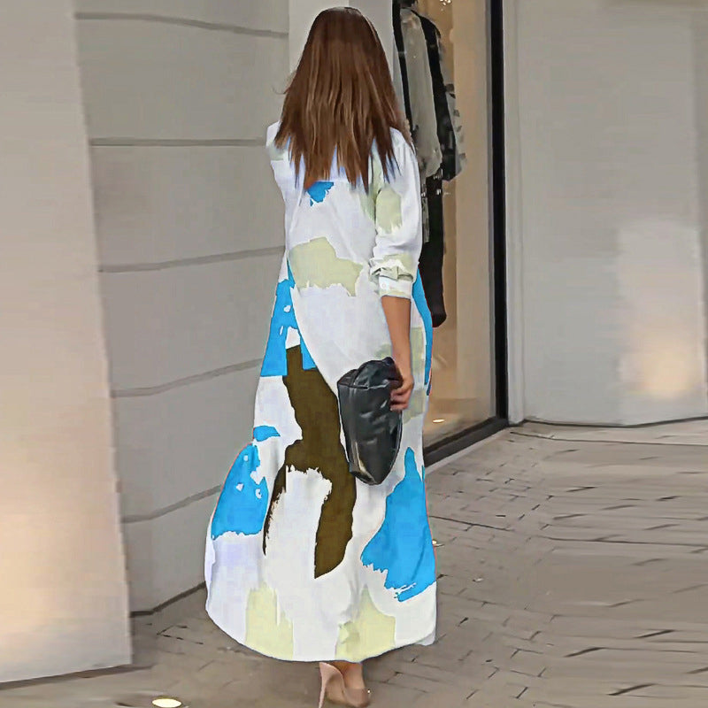 Blue Abstract Printed Shirt Collar Maxi Dress