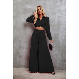 Black Cuffed Sleeves Crop Top With Palazzo