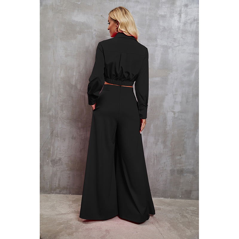 Black Cuffed Sleeves Crop Top With Palazzo